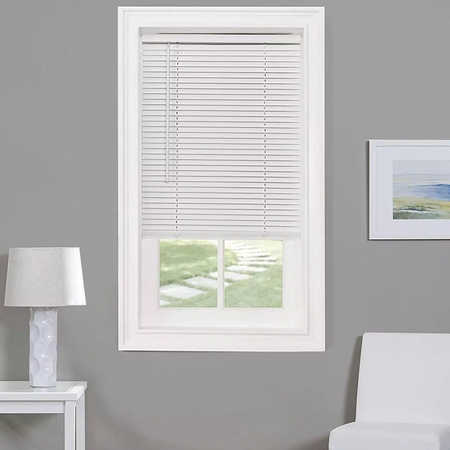1" White cordless vinyl mini blinds - 27"x64"