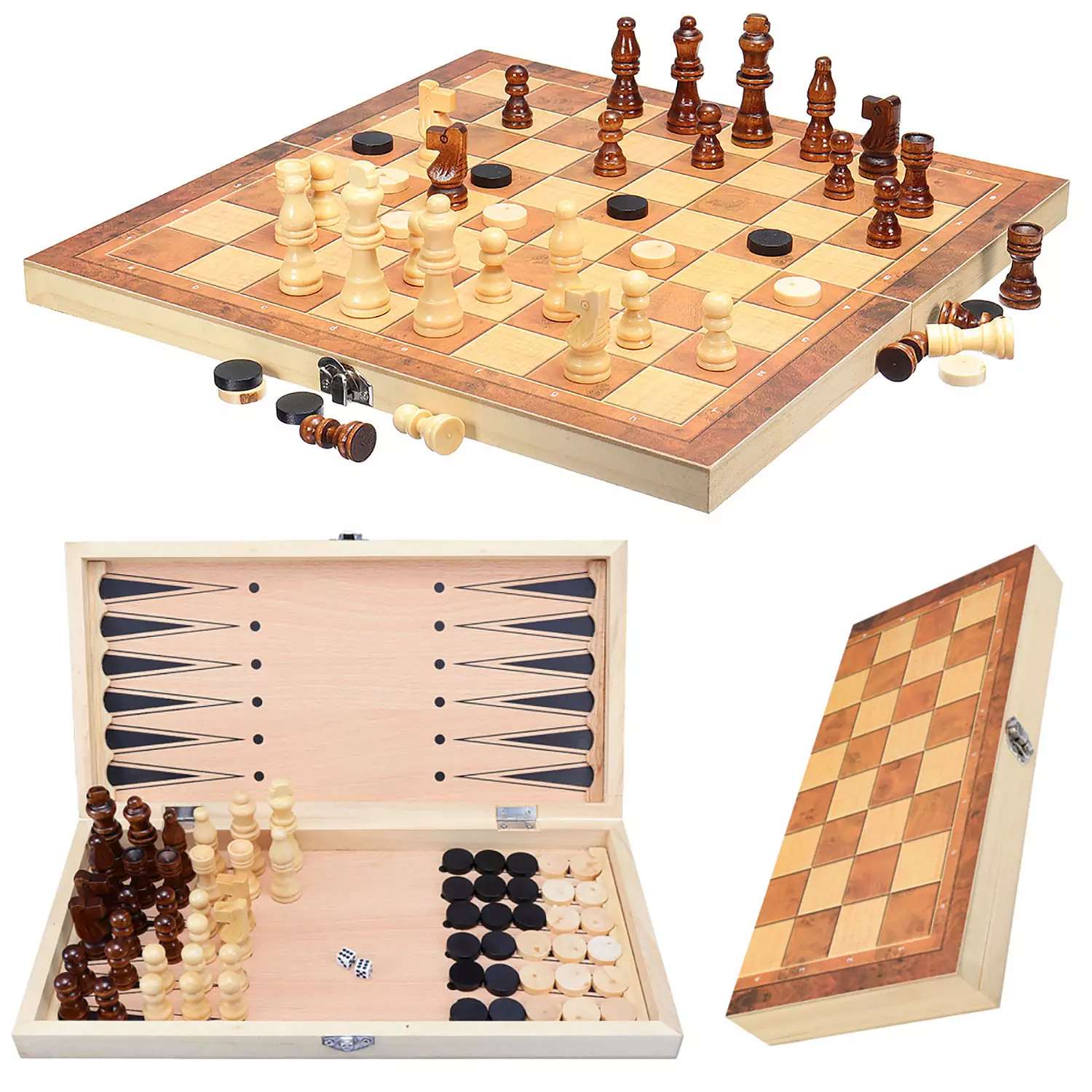 3 in1 Folding Wooden Chess Set Board Game Checkers Backgammon Large Draughts Toy 