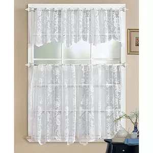 Floral embroidered sheer kitchen curtain tier & valance set, large flowers.  Colour: white | Rossy