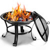 Outdoor round steel fire pit with spark screen cover and poker - 22" - 2