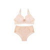 Full coverage lace bra set with high cut coordinated brief, beige - Plus Size