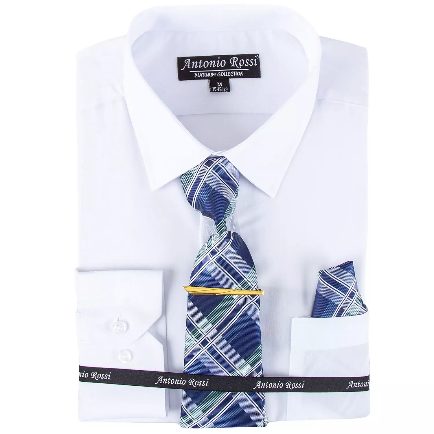 Antonio Rossi - Chemise pour hommes en boîte avec cravate, pince à cravate et mouchoir, chemise blanche, 15-15.5