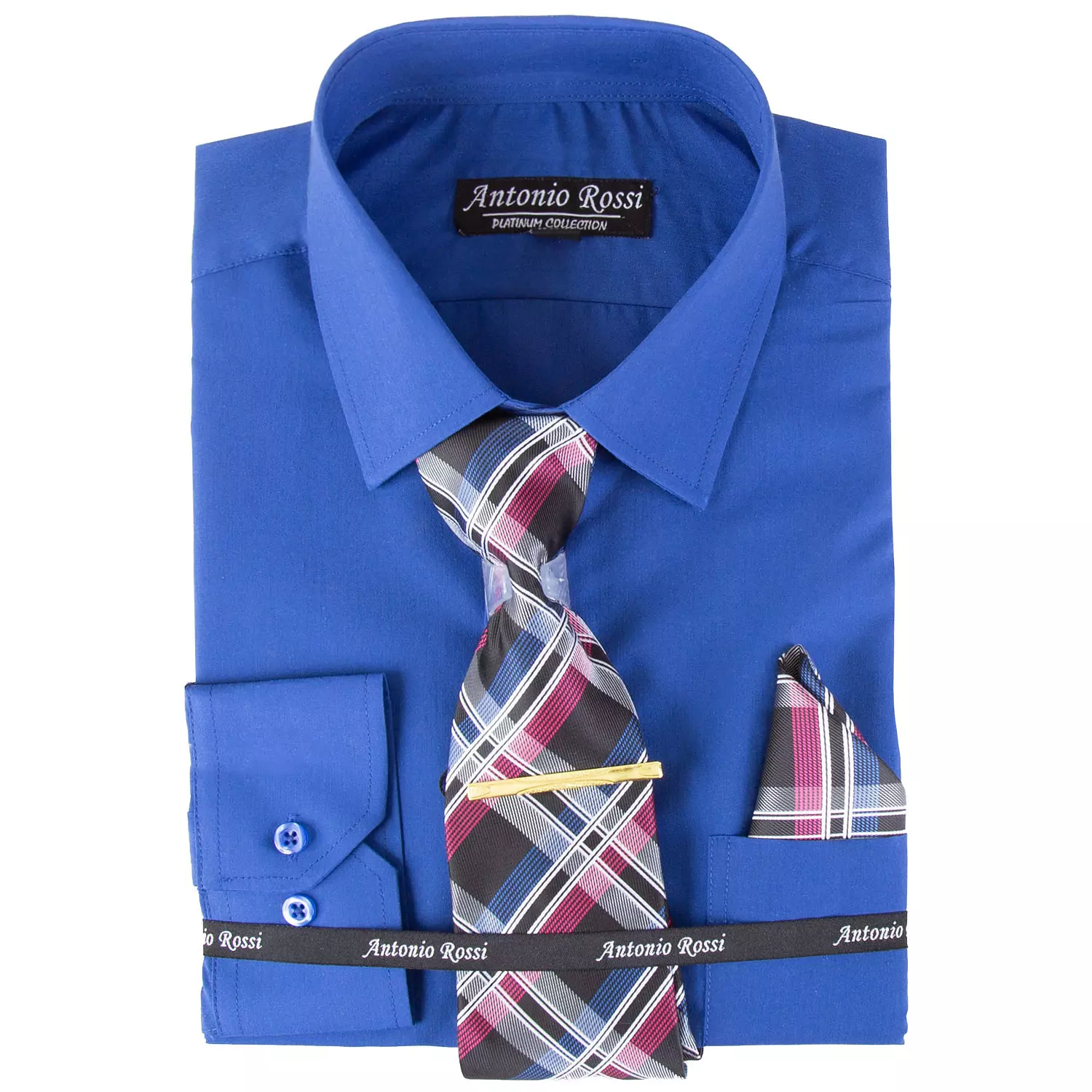 Antonio Rossi - Chemise pour hommes en boîte avec cravate, pince à cravate et mouchoir, chemise bleue, 15-15.5