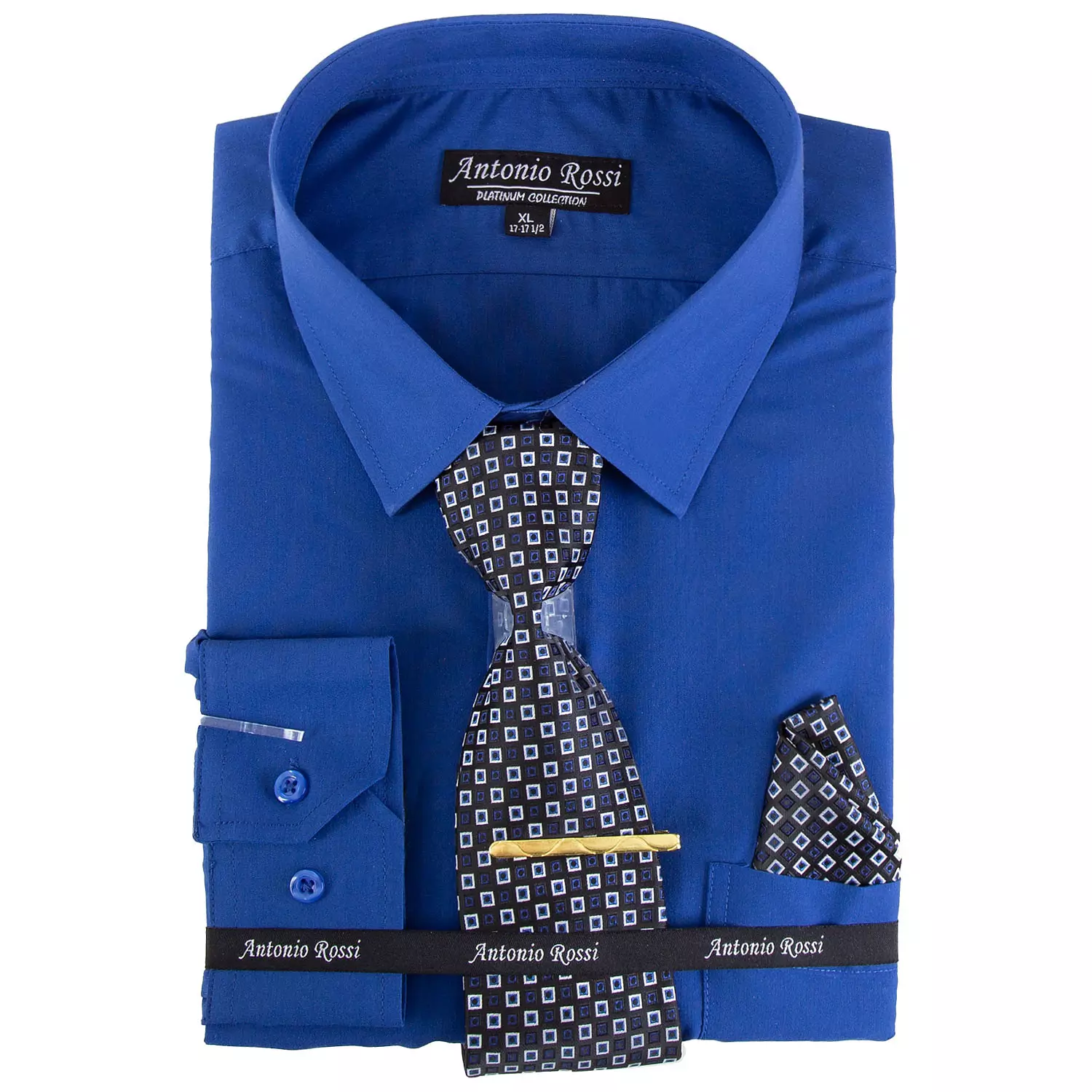 Antonio Rossi - Chemise pour hommes en boîte avec cravate, pince à cravate et mouchoir, chemise bleue, 17-17.5