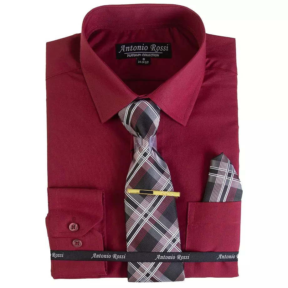 Antonio Rossi - Chemise pour hommes en boîte avec cravate, pince à cravate et mouchoir, chemise bourgogne, 14-14.5