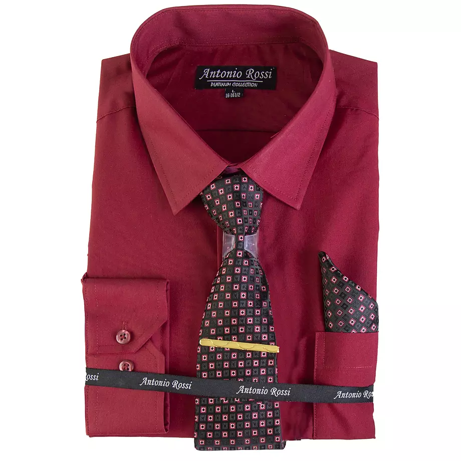 Antonio Rossi - Chemise pour hommes en boîte avec cravate, pince à cravate et mouchoir, chemise bourgogne, 16-16.5
