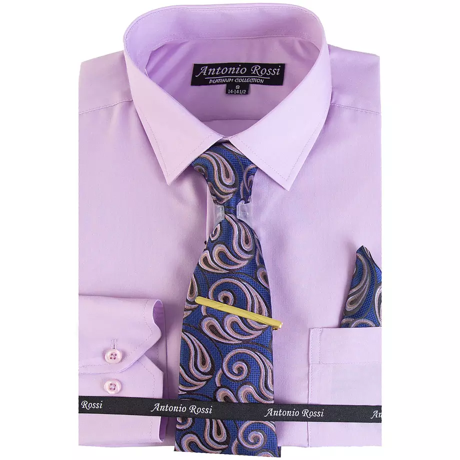 Antonio Rossi - Chemise pour hommes en boîte avec cravate, pince à cravate et mouchoir, chemise lavande, 14-14.5