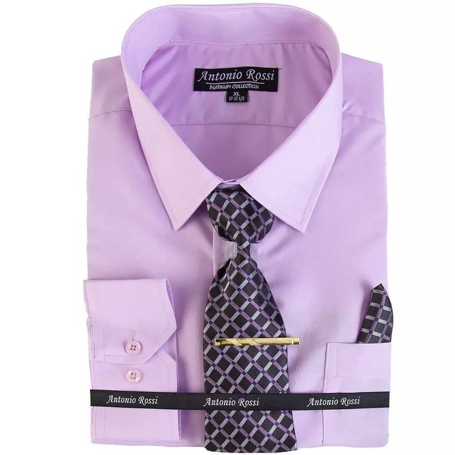 Antonio Rossi - Chemise pour hommes en boîte avec cravate, pince à cravate et mouchoir, chemise lavande, 17-17.5
