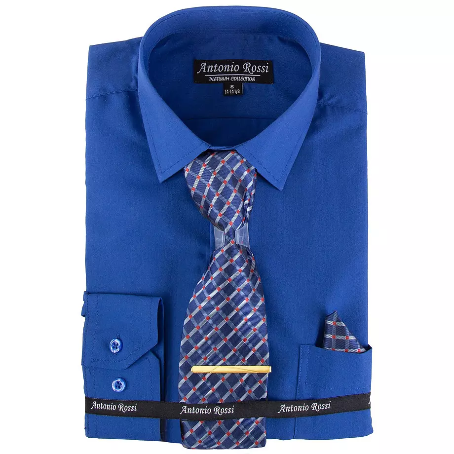 Antonio Rossi - Men's boxed dress shirt with tie, tie clip and hankerchief, blue shirt, 14-14.5