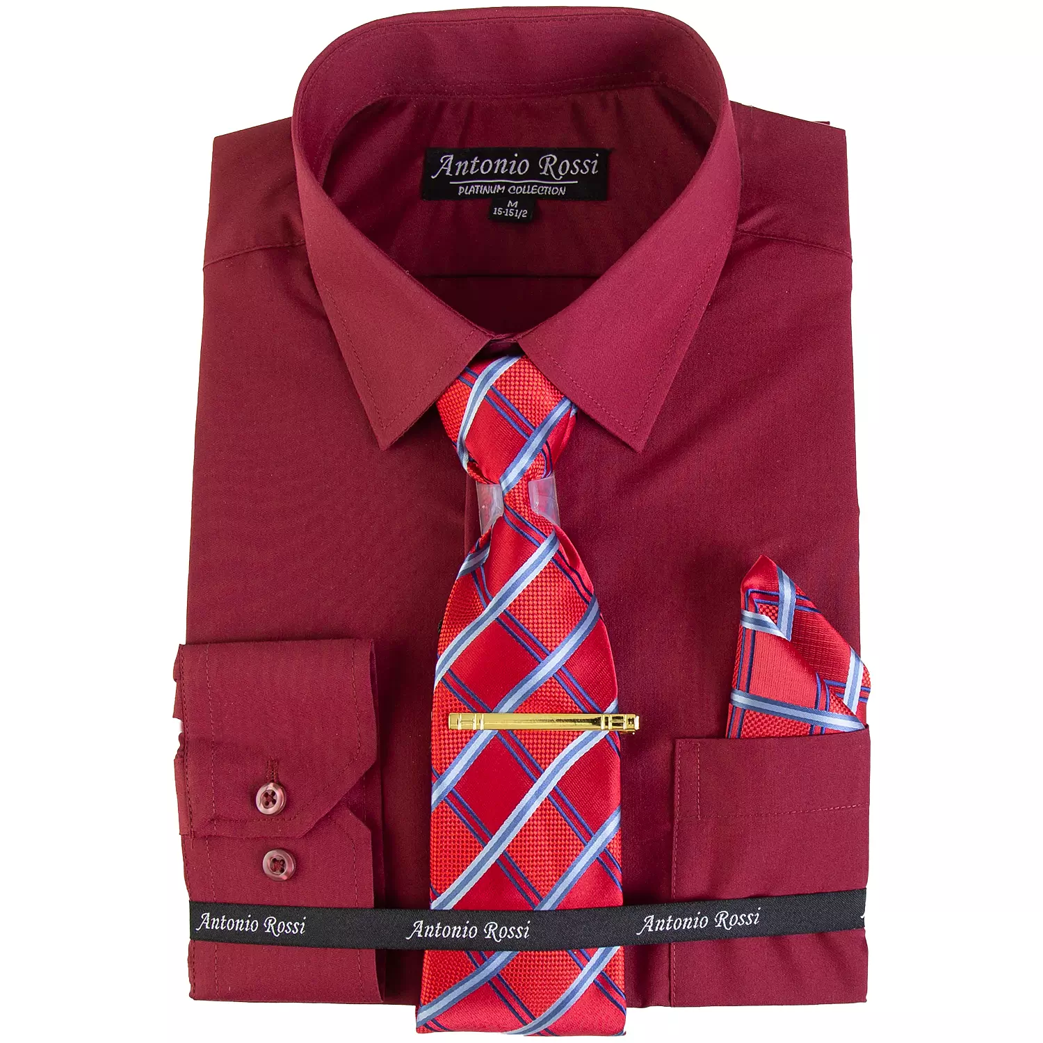 Antonio Rossi - Men's boxed dress shirt with tie, tie clip and hankerchief, burgundy shirt, 15-15.5