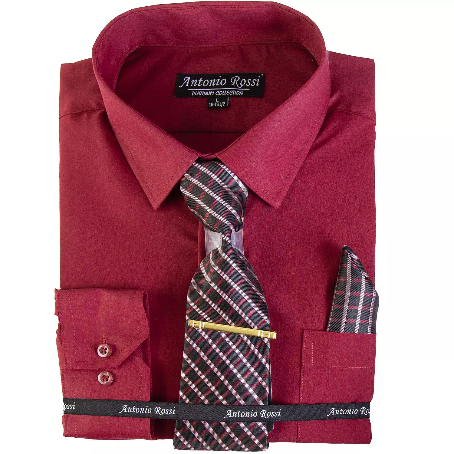 Antonio Rossi - Men's boxed dress shirt with tie, tie clip and hankerchief, burgundy shirt, 16-16.5
