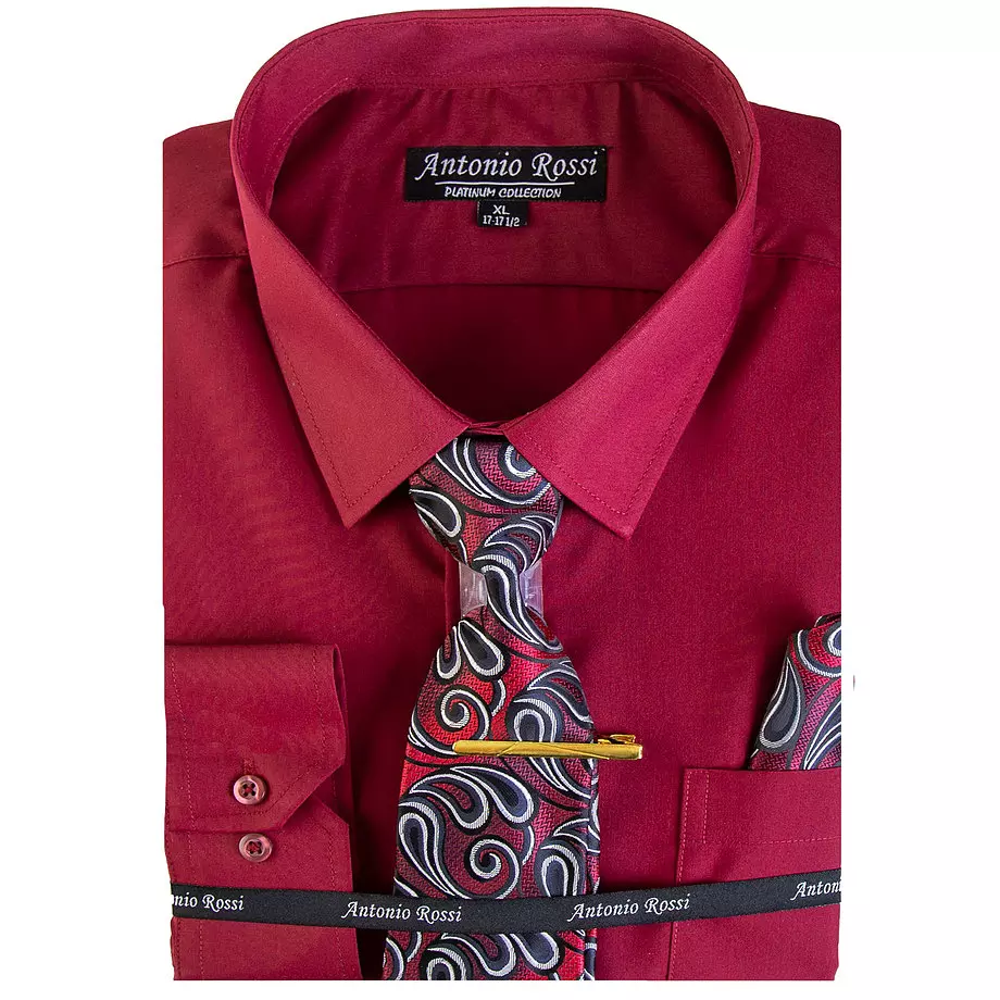 Antonio Rossi - Men's boxed dress shirt with tie, tie clip and hankerchief, burgundy shirt, 17-17.5