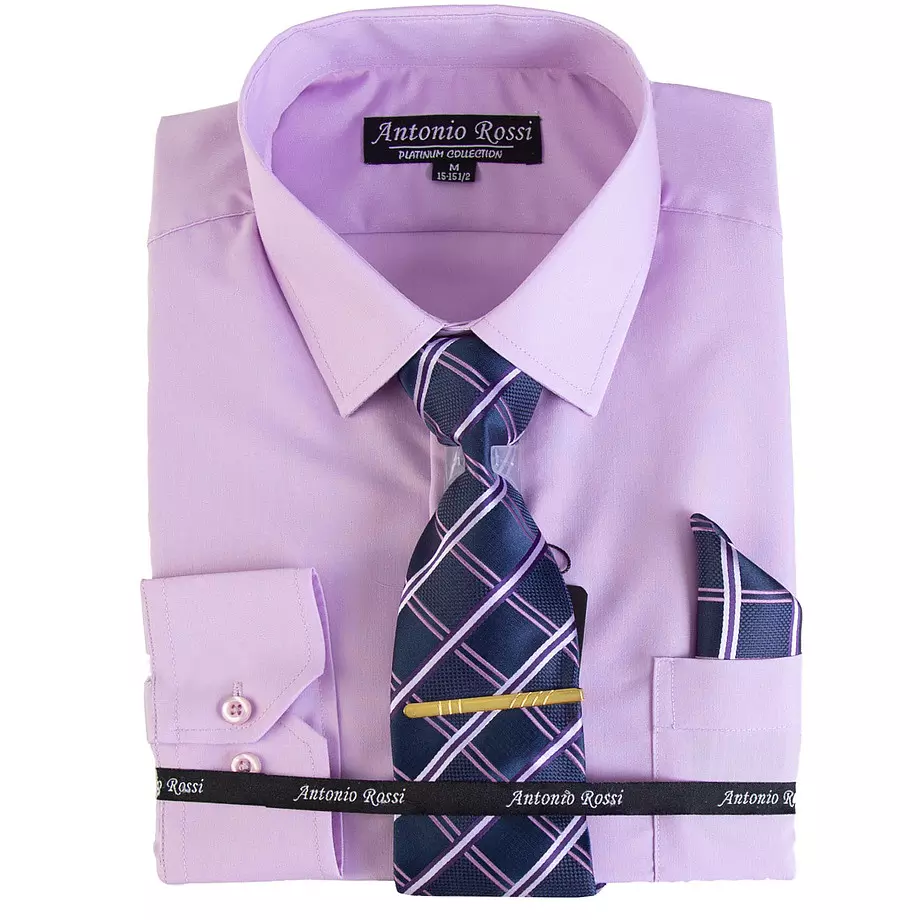 Antonio Rossi - Men's boxed dress shirt with tie, tie clip and hankerchief, lavendar shirt, 15-15.5