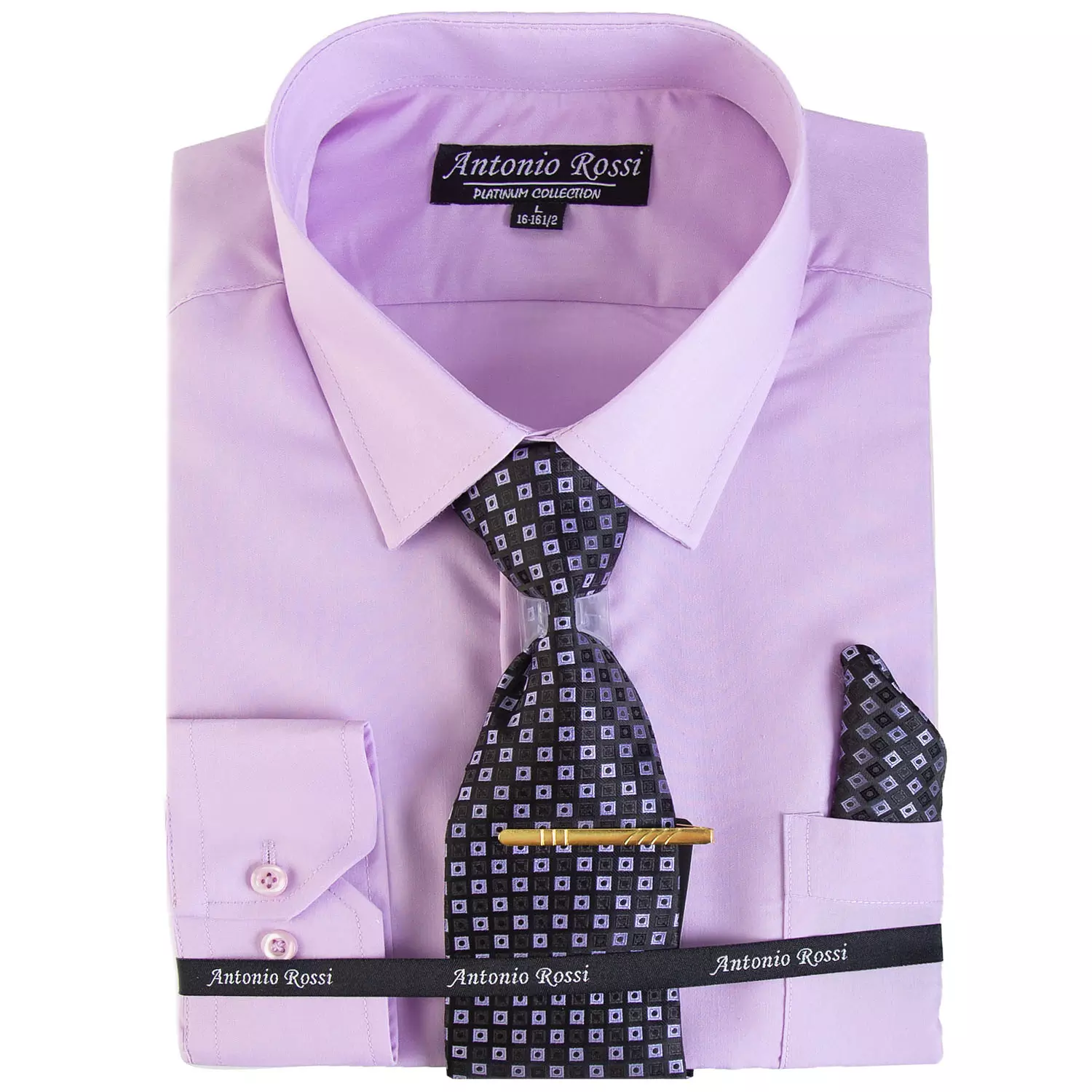 Antonio Rossi - Men's boxed dress shirt with tie, tie clip and hankerchief, lavendar shirt, 16- 16.5