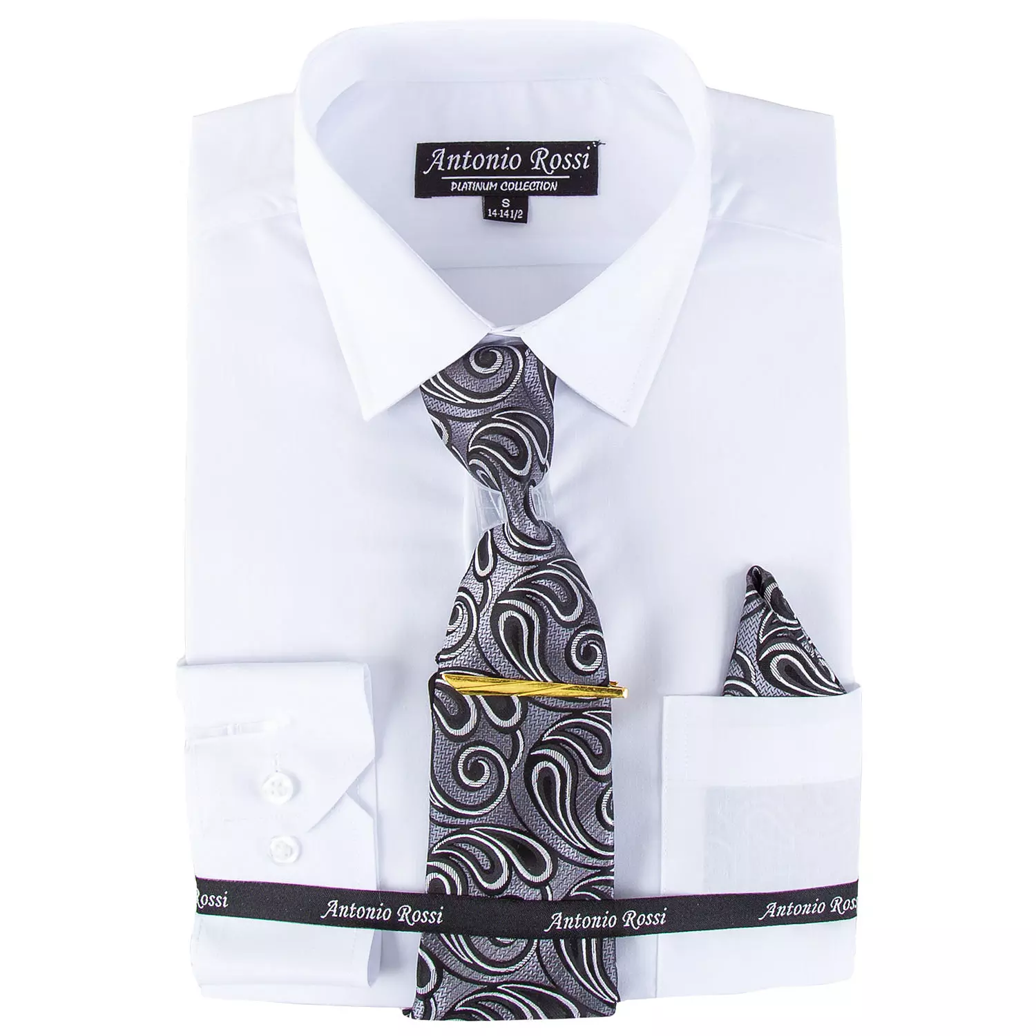 Antonio Rossi - Men's boxed dress shirt with tie, tie clip and hankerchief, white shirt, 14-14.5