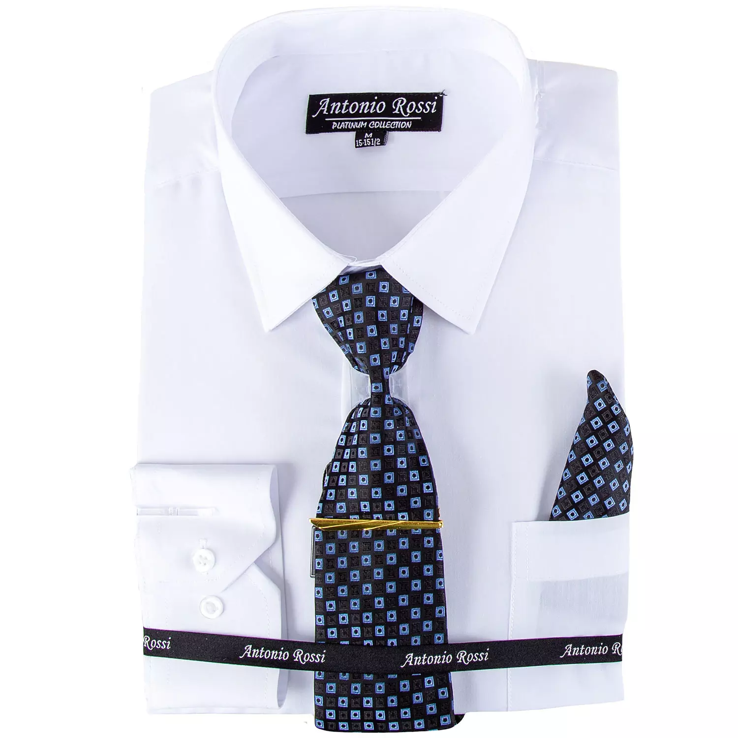 Antonio Rossi - Men's boxed dress shirt with tie, tie clip and hankerchief, white shirt, 15-15.5