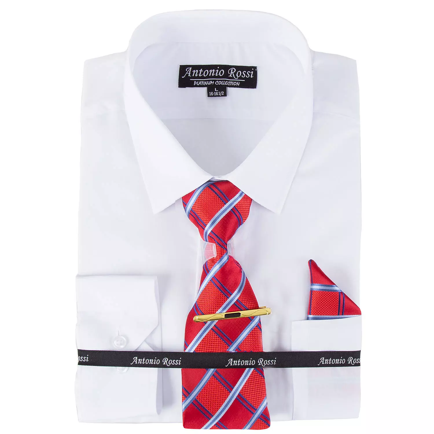 Antonio Rossi - Men's boxed dress shirt with tie, tie clip and hankerchief, white shirt, 16-16.5