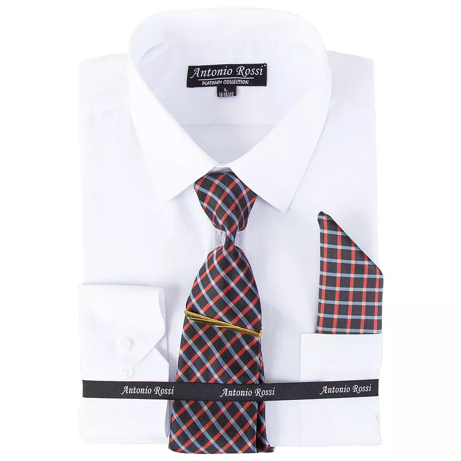 Antonio Rossi - Men's boxed dress shirt with tie, tie clip and hankerchief, white shirt, 16-16.5