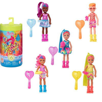Barbie - Color Reveal - Série tie-dye néon, poupée Chelsea avec 6 surprises