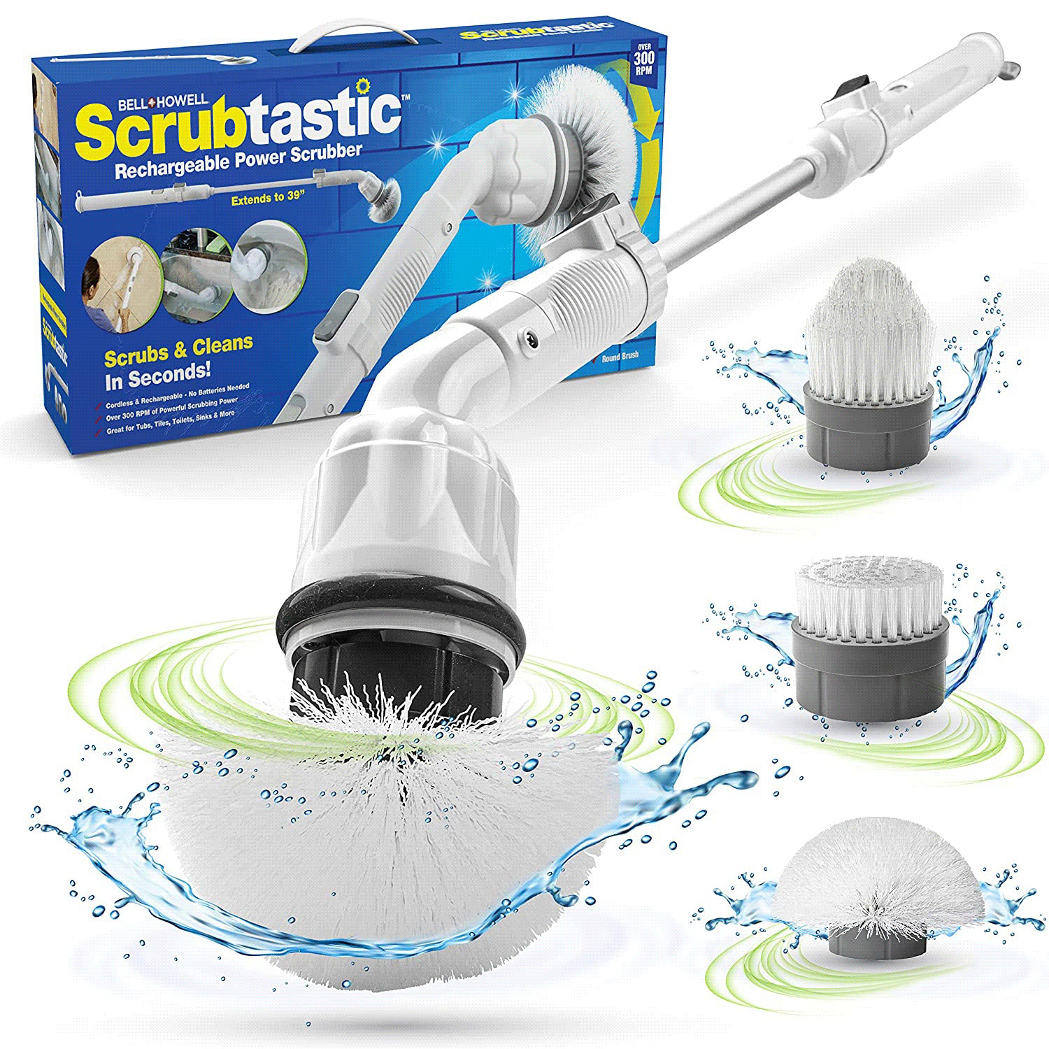 Bell+Howell - Scrubtastic, multi-purpose electric spin brush scrubber with 3 brush heads