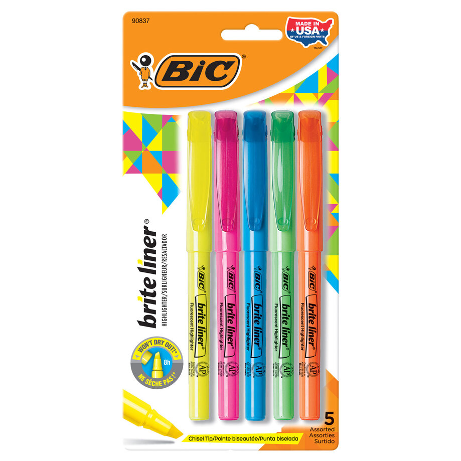BIC - Brite Liner chisel tip highlighters, assorted colors, pk. of 5