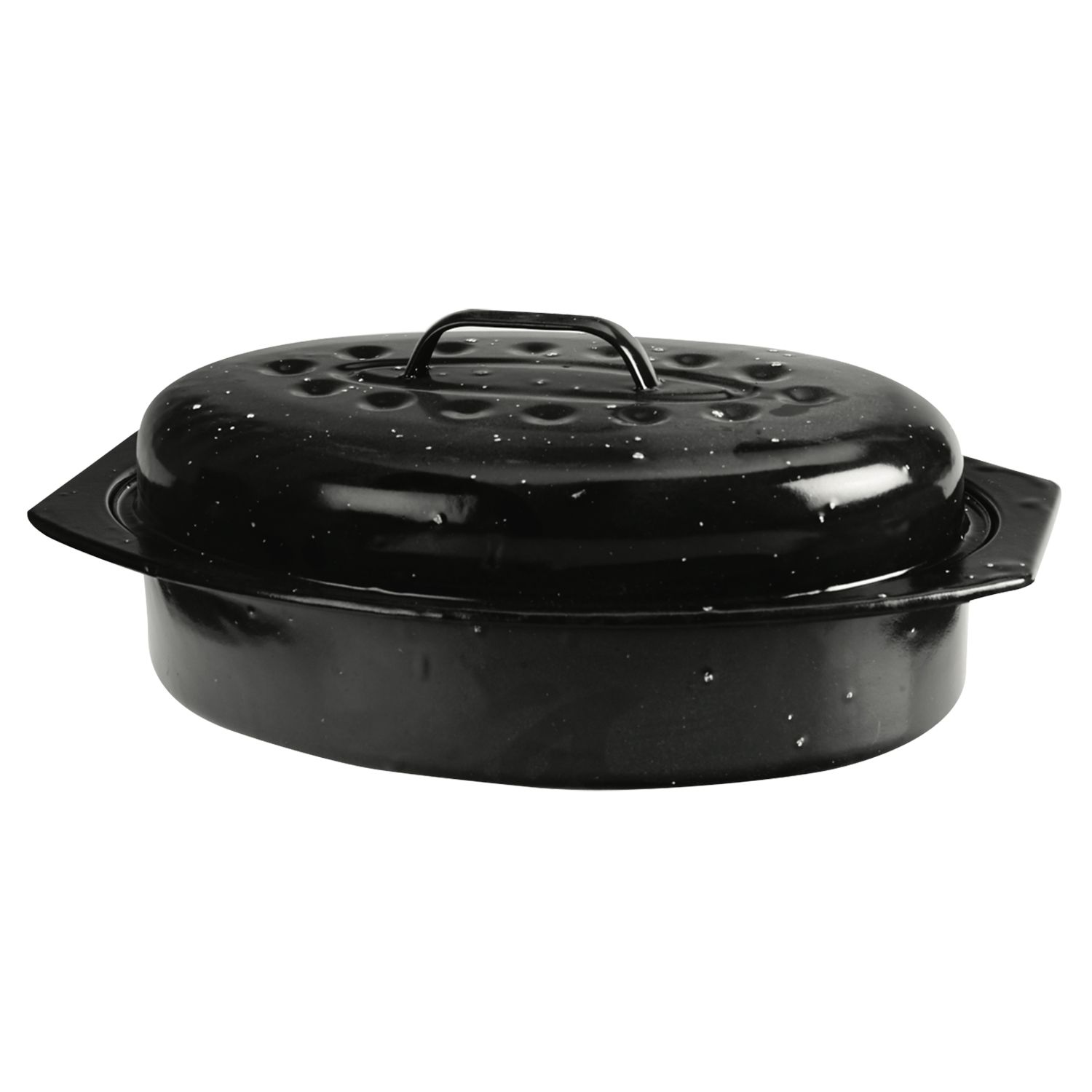 Black oval-shaped enamel roaster with lid, 13"