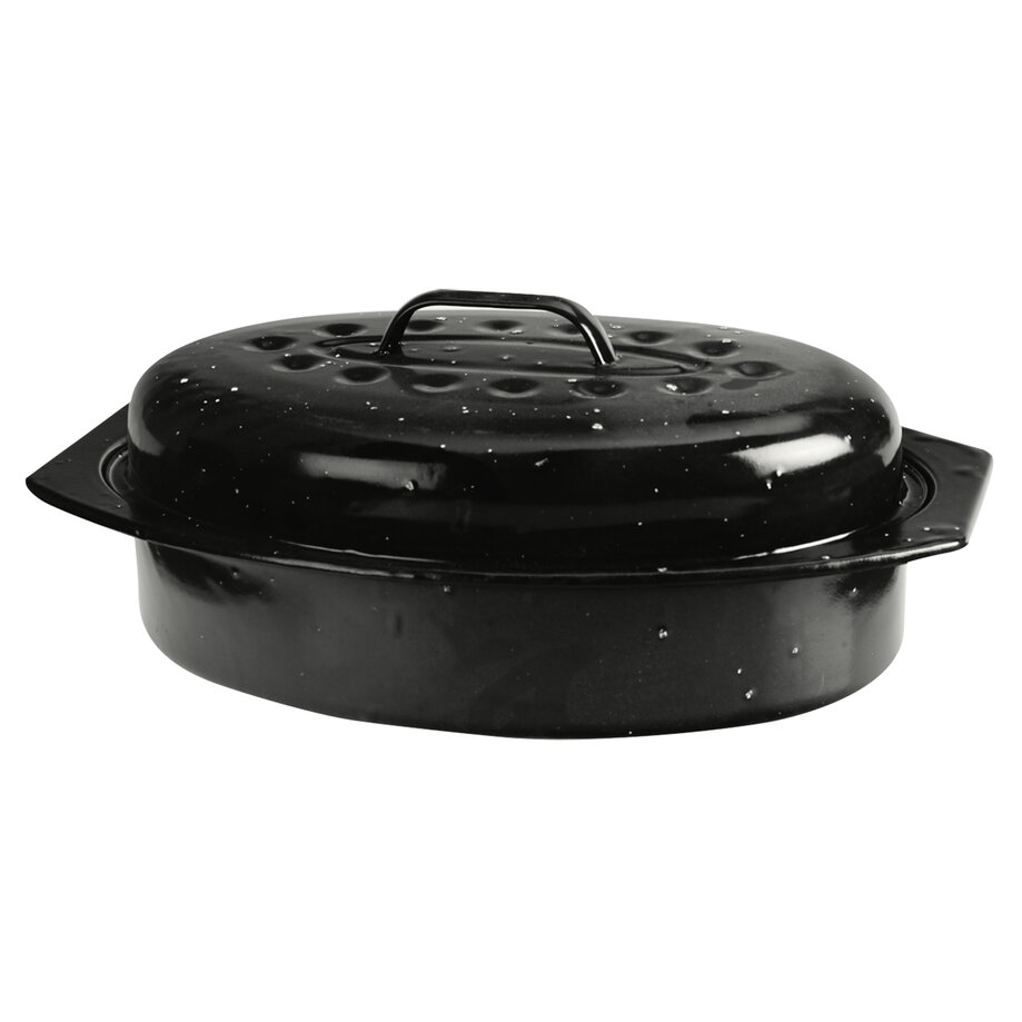 Black oval-shaped enamel roaster with lid, 13"
