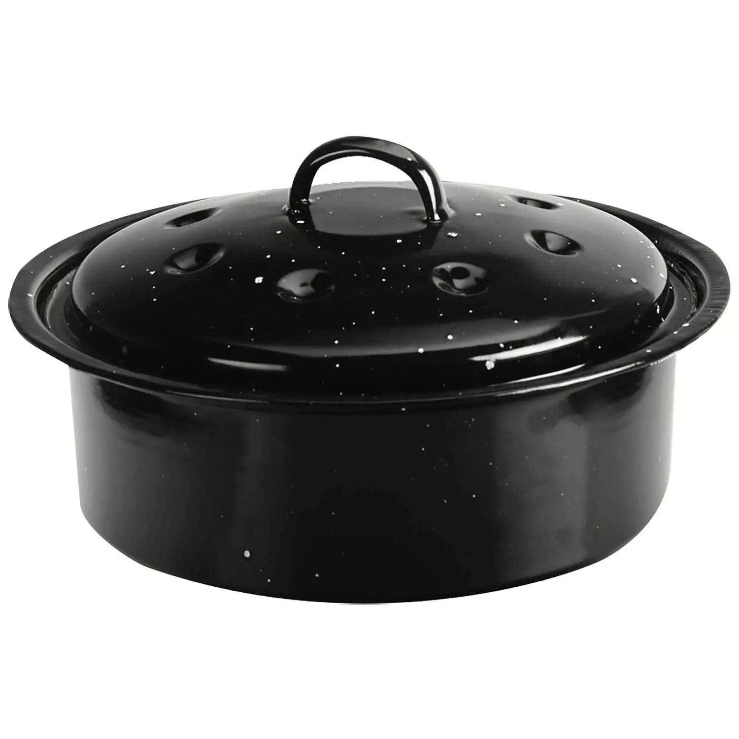 Black oval-shaped enamel roaster with lid, 15"
