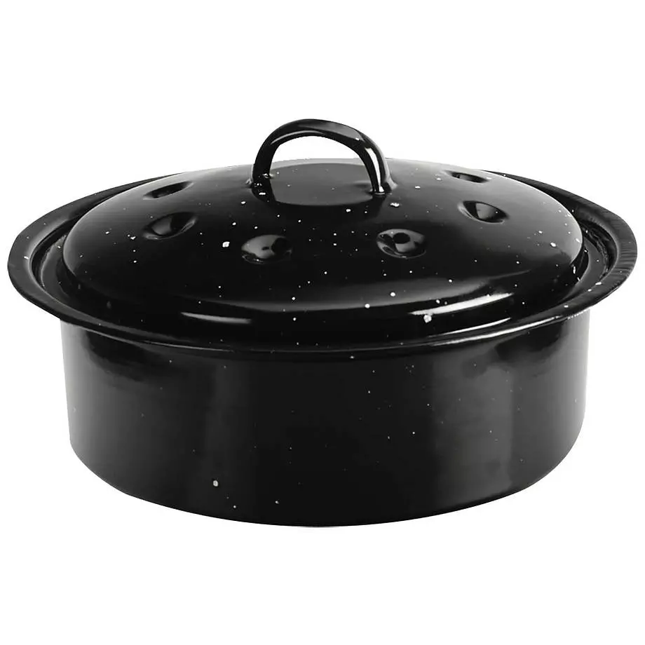 Black oval-shaped enamel roaster with lid, 15