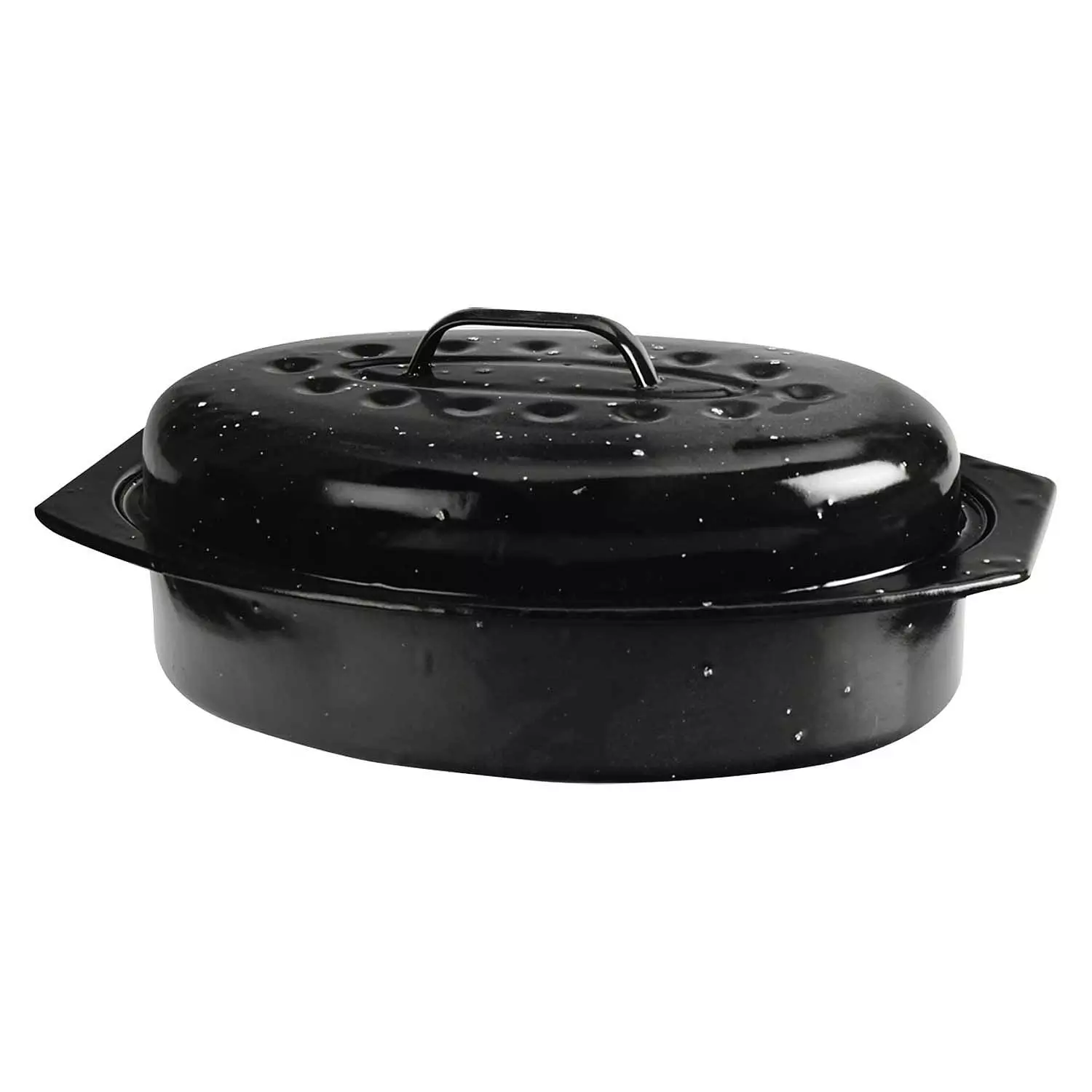 Black oval-shaped enamel roaster with lid, 19"