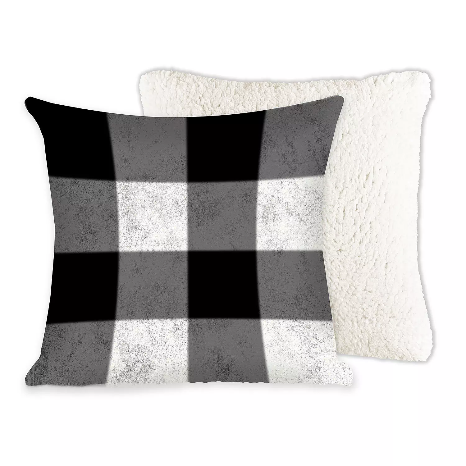 Black & white buffalo plaid decorative cushion with sherpa back, 17"x17"