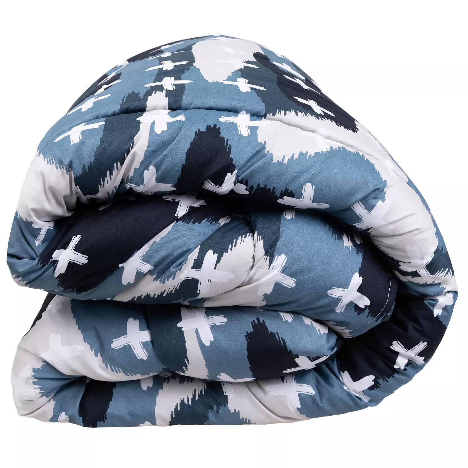 Blue and white X print comforter, twin