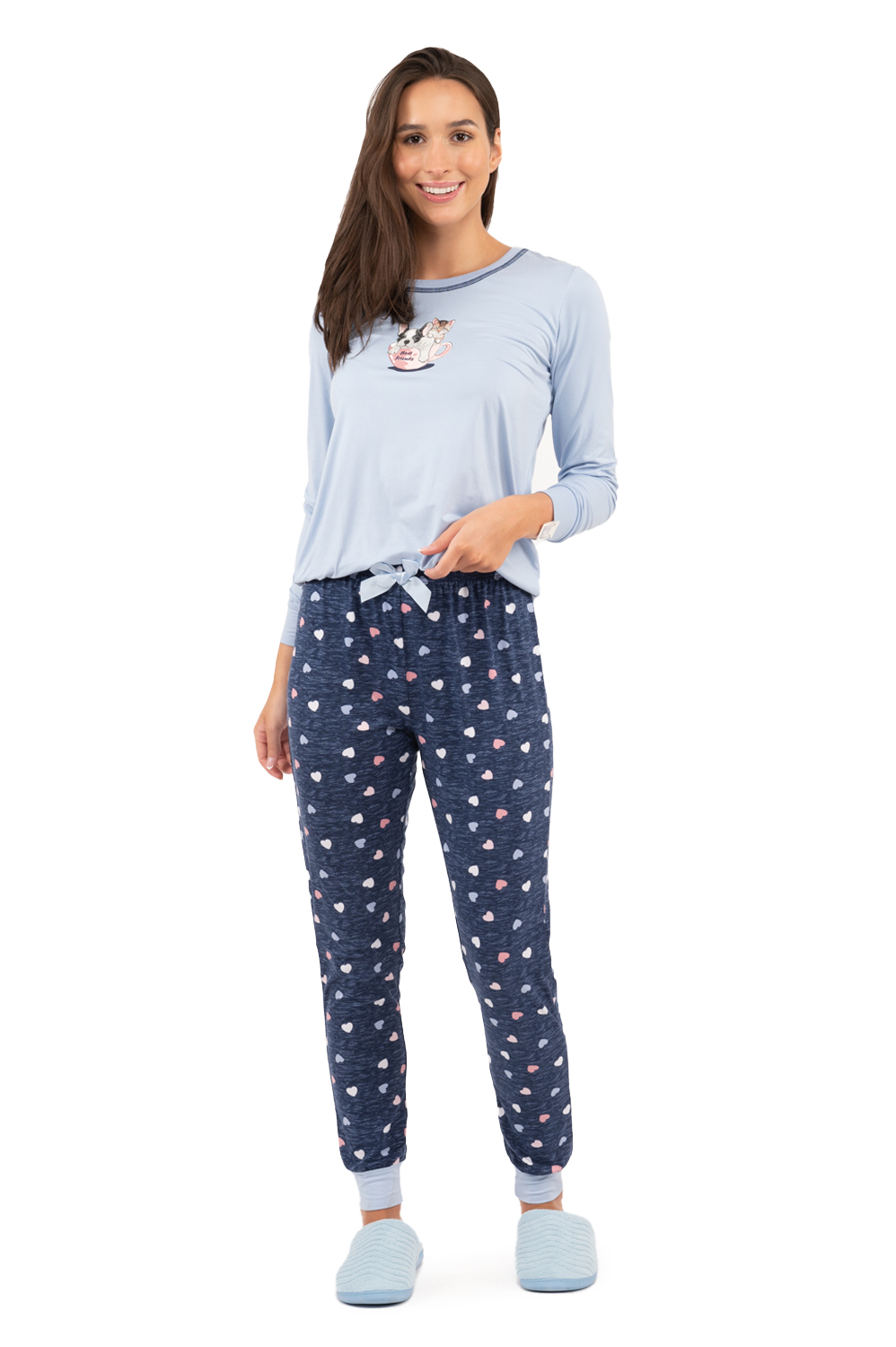 Blue Hearts long sleeve PJ set with silkscreen pets in teacup, large (L)