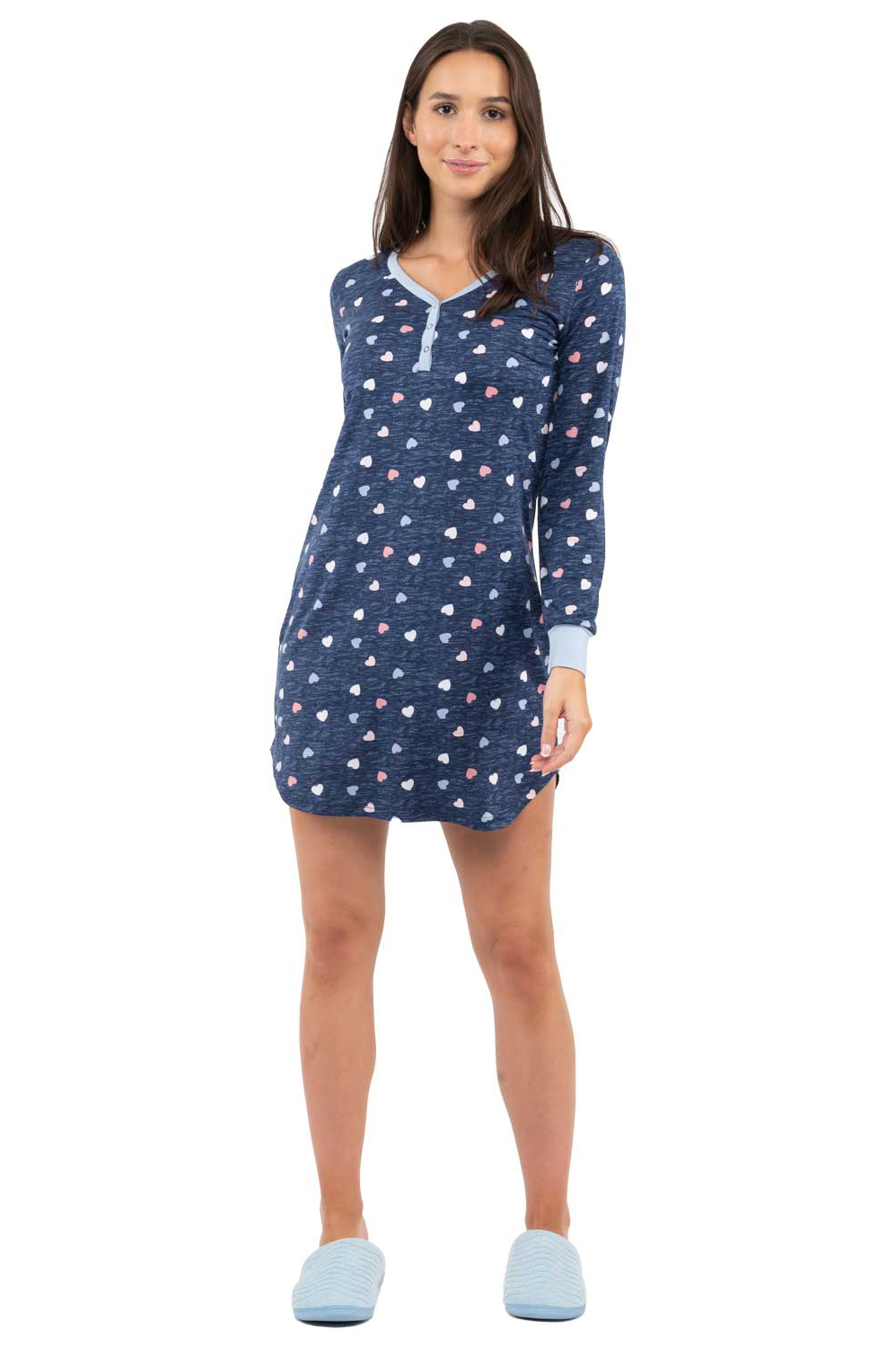 Blue Hearts long sleeve v-neck sleepshirt with snap button detail, extra large (XL)