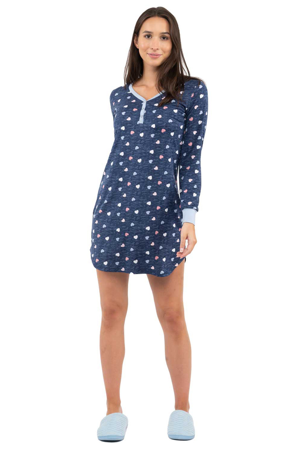 Blue Hearts long sleeve v-neck sleepshirt with snap button detail, large (L)