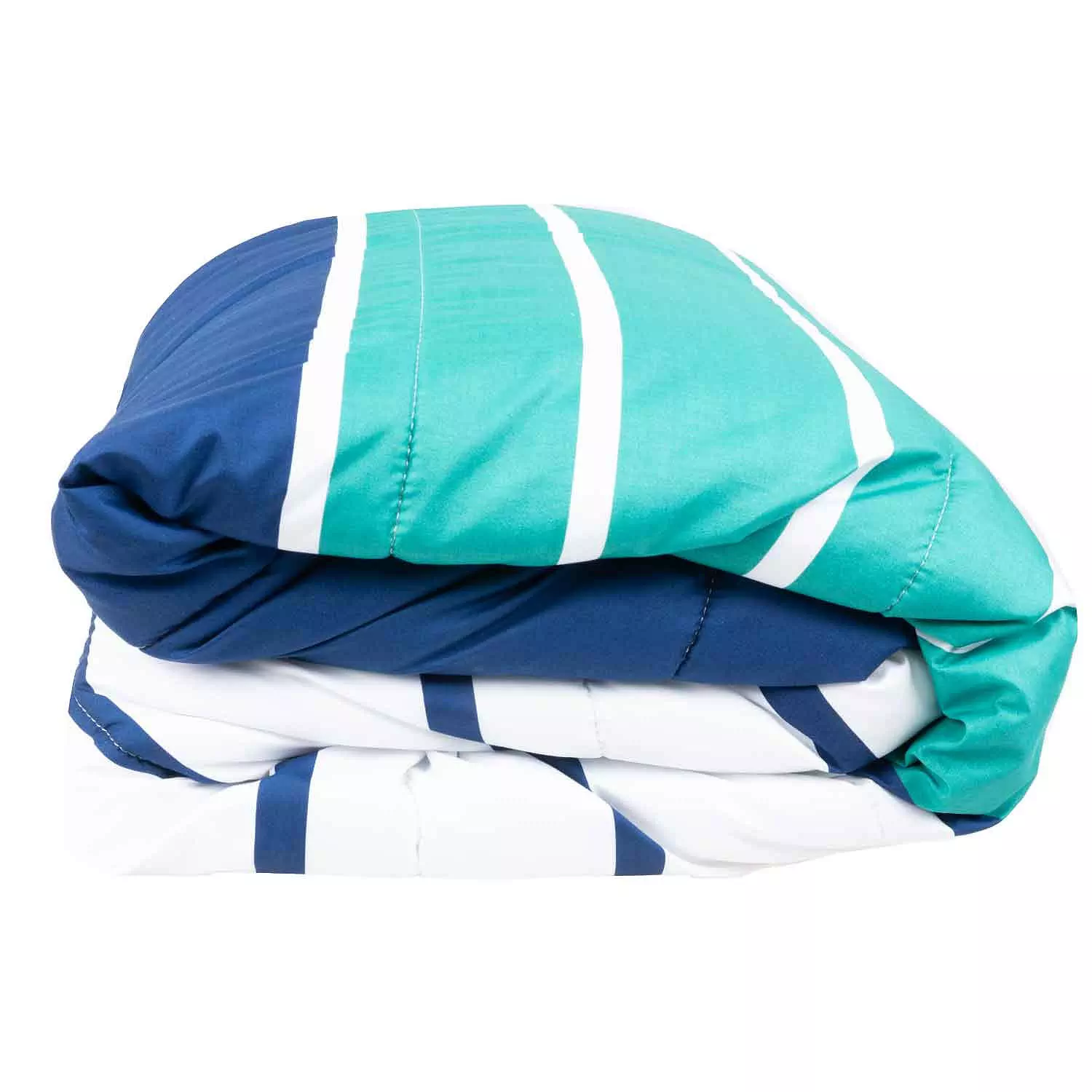 Blue, teal and white stripe print comforter, king