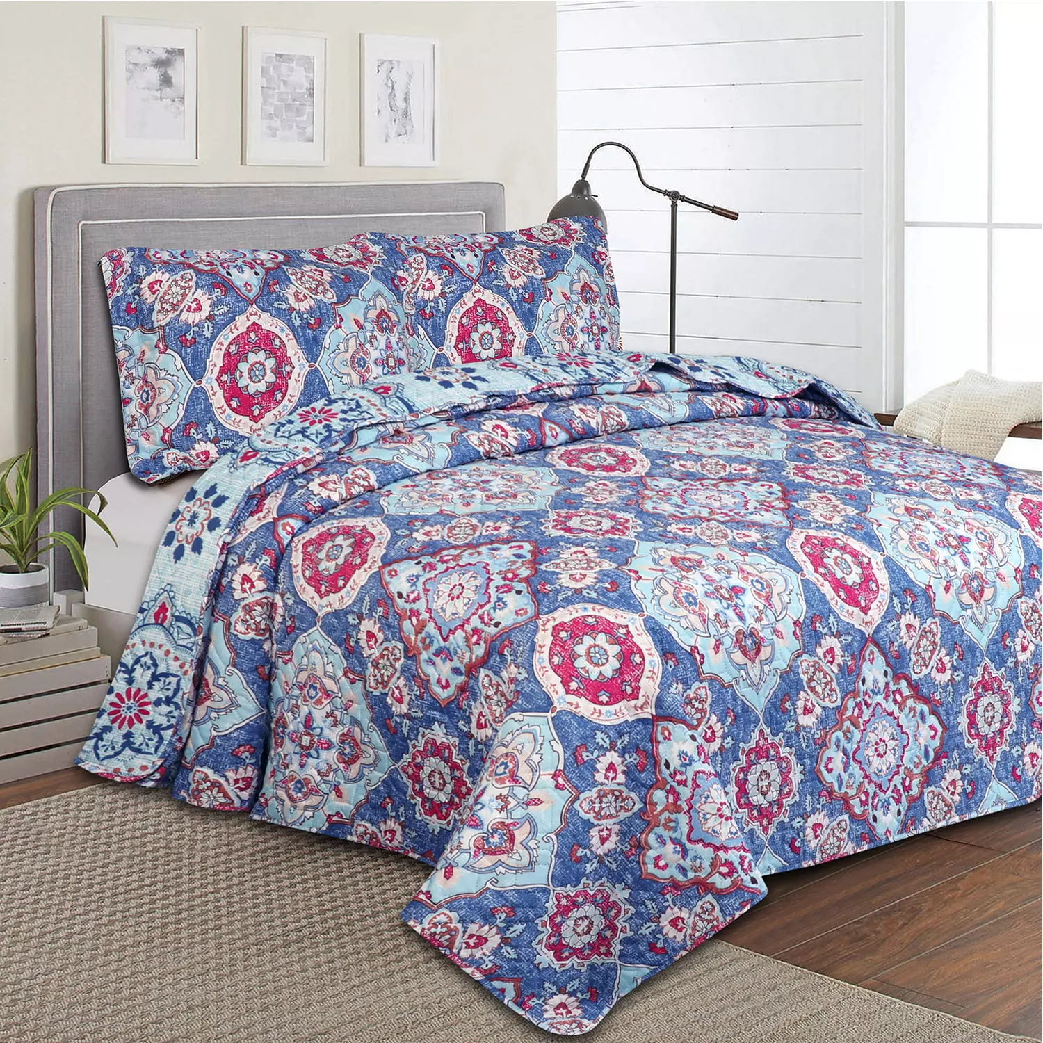 Blue with pink medallion print quilt set, double-queen