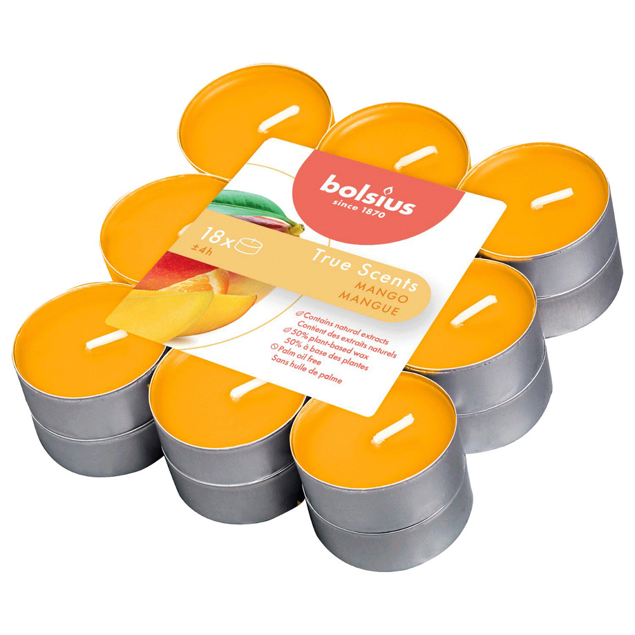 Bolsius - Bougies chauffe-plat parfumées True Scents, paq. de 18 - Mangue