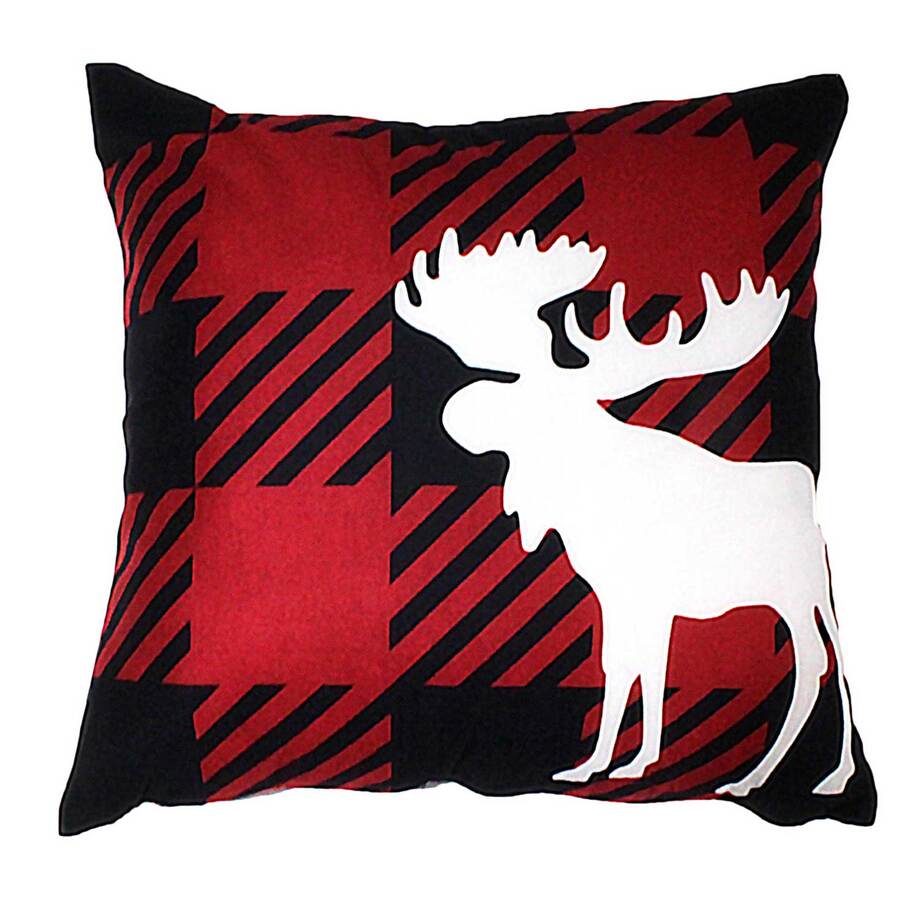 Buffalo plaid decorative cushion with moose, 17.5