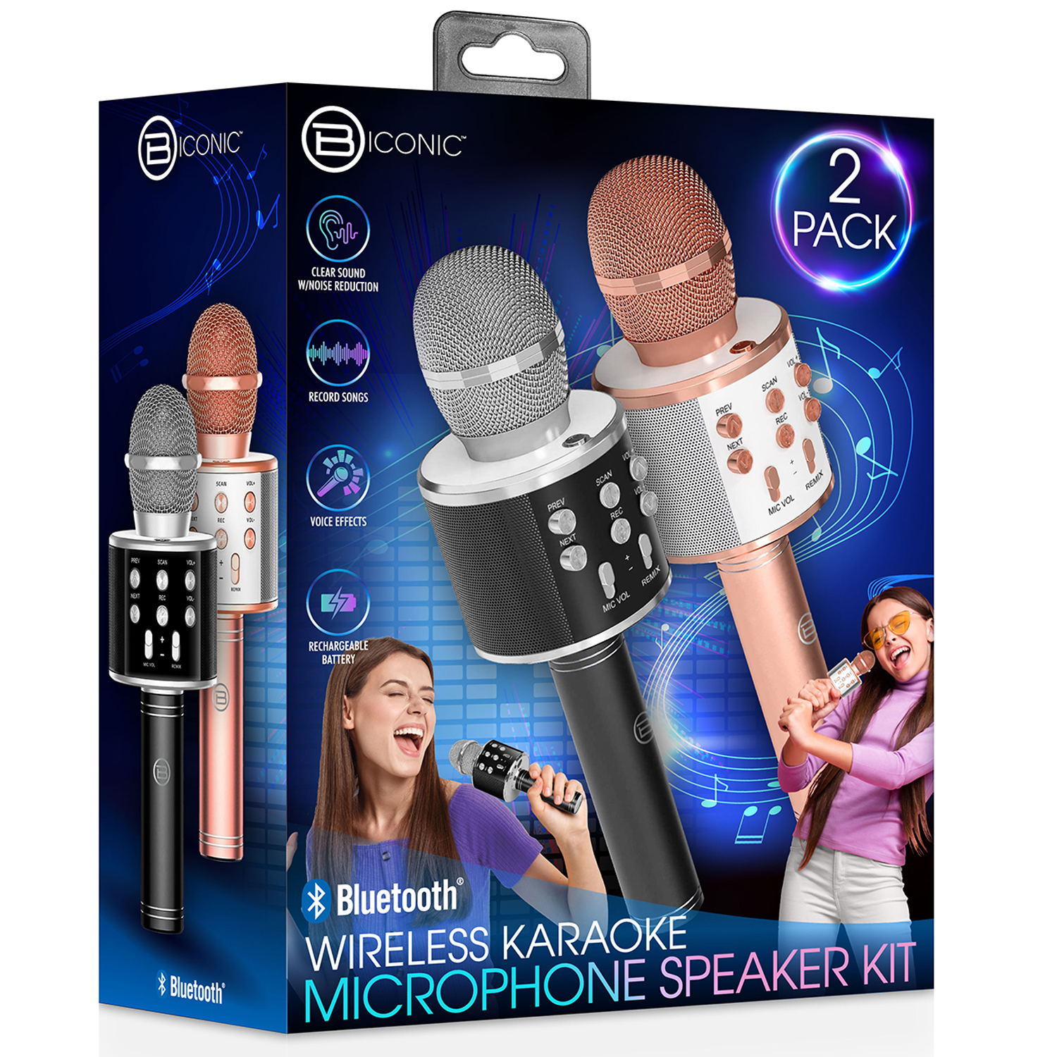 Bytech - Biconic - Ens. de microphones karaoké sans fil avec haut-parleur  Bluetooth intégré, Fr
