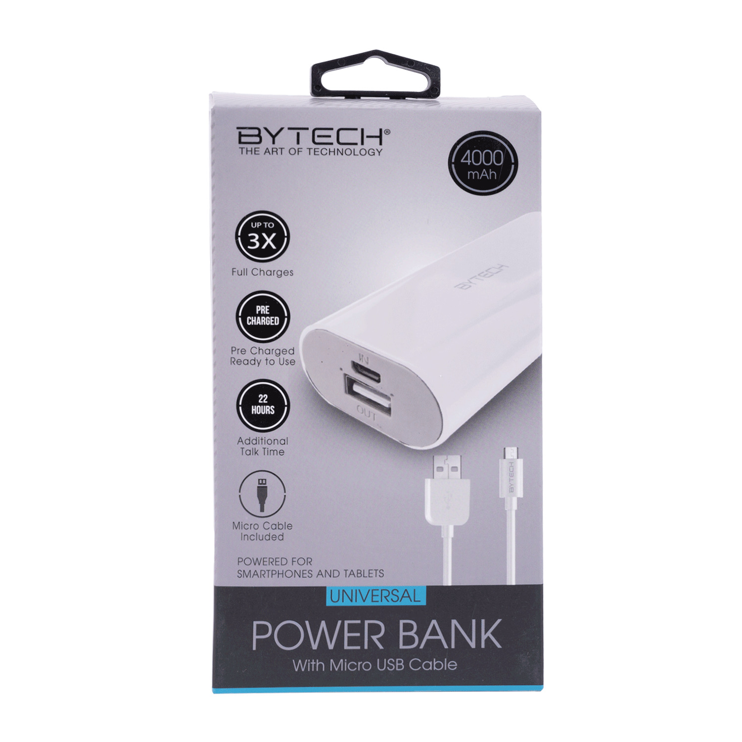 Bytech - Universal power bank with USB cable, 4000 mAh
