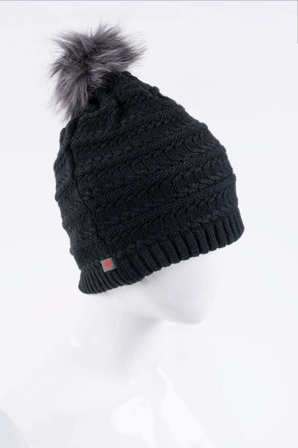 Cable knit, slouchy beanie with faux fur pom pom, black