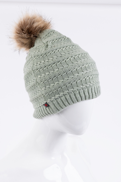 Cable knit, slouchy beanie with faux fur pom pom for girls