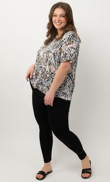 Cap-sleeve top with contrast banded hem - Safari cats - Plus Size