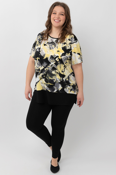 Cap-sleeve top with contrast banded hem - Watercolor blooms - Plus Size