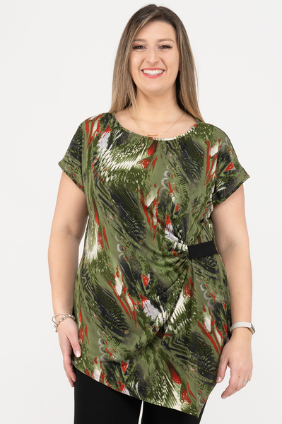 Cap sleeve tunic blouse with contrasting side tab - Abstract khaki - Plus Size