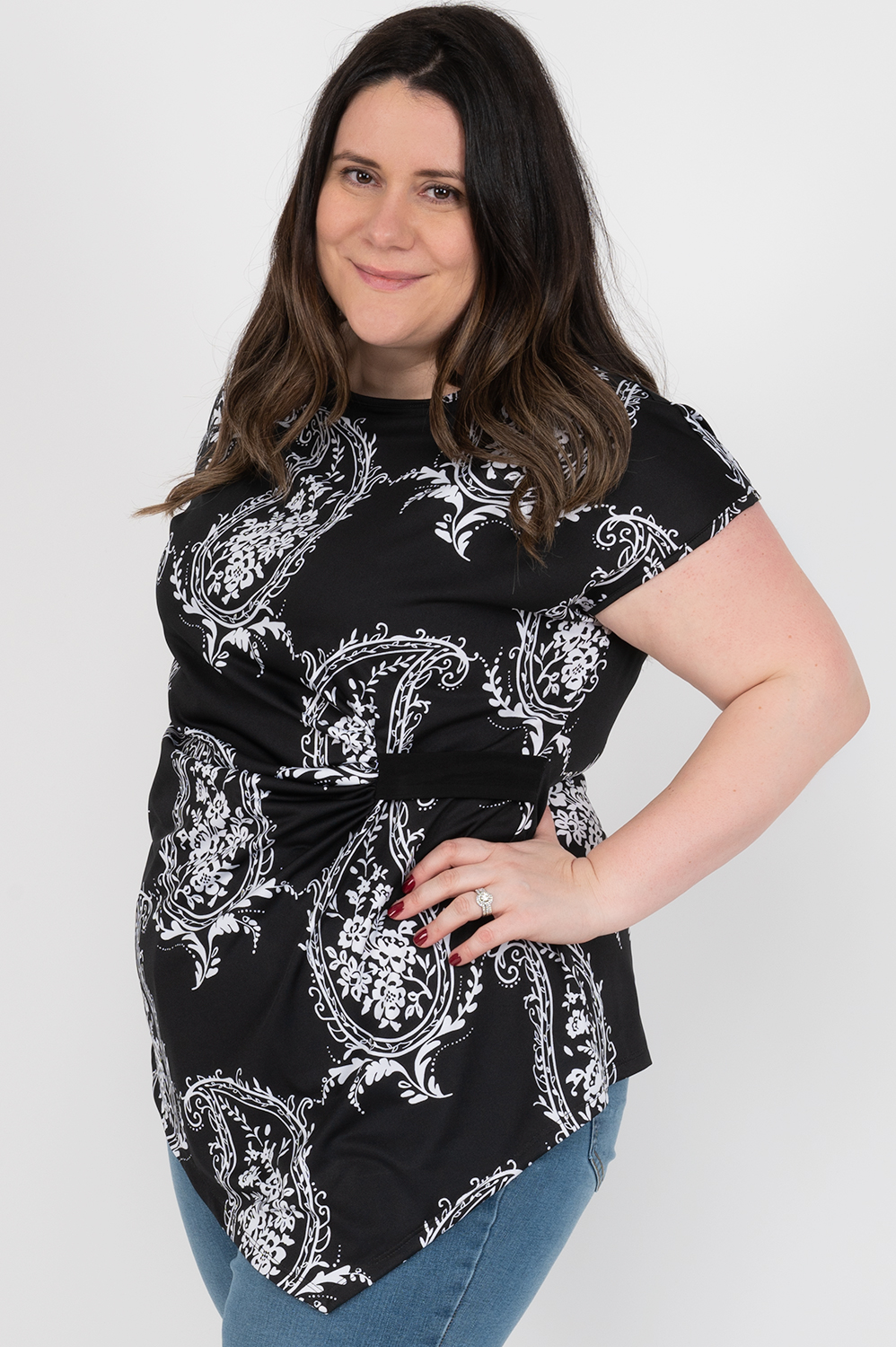 Cap sleeve tunic blouse with contrasting side tab - Black paisley - Plus Size