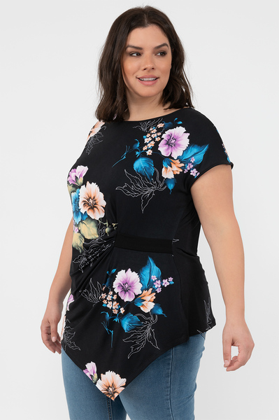 Cap sleeve tunic blouse with contrasting side tab - Night blooms - Plus Size