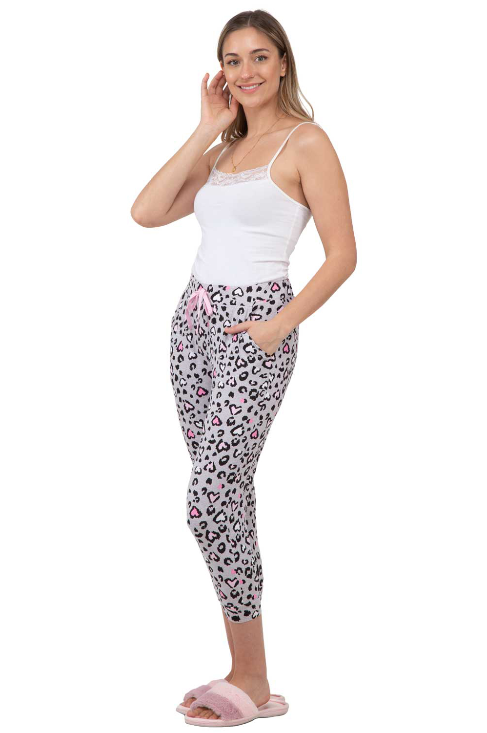 Capri length jogger style pyjama pants, grey hearts, small (S)
