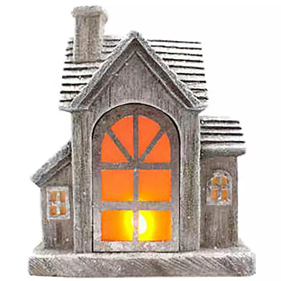 Ceramic Christmas home with chimney and LED flame, 12"